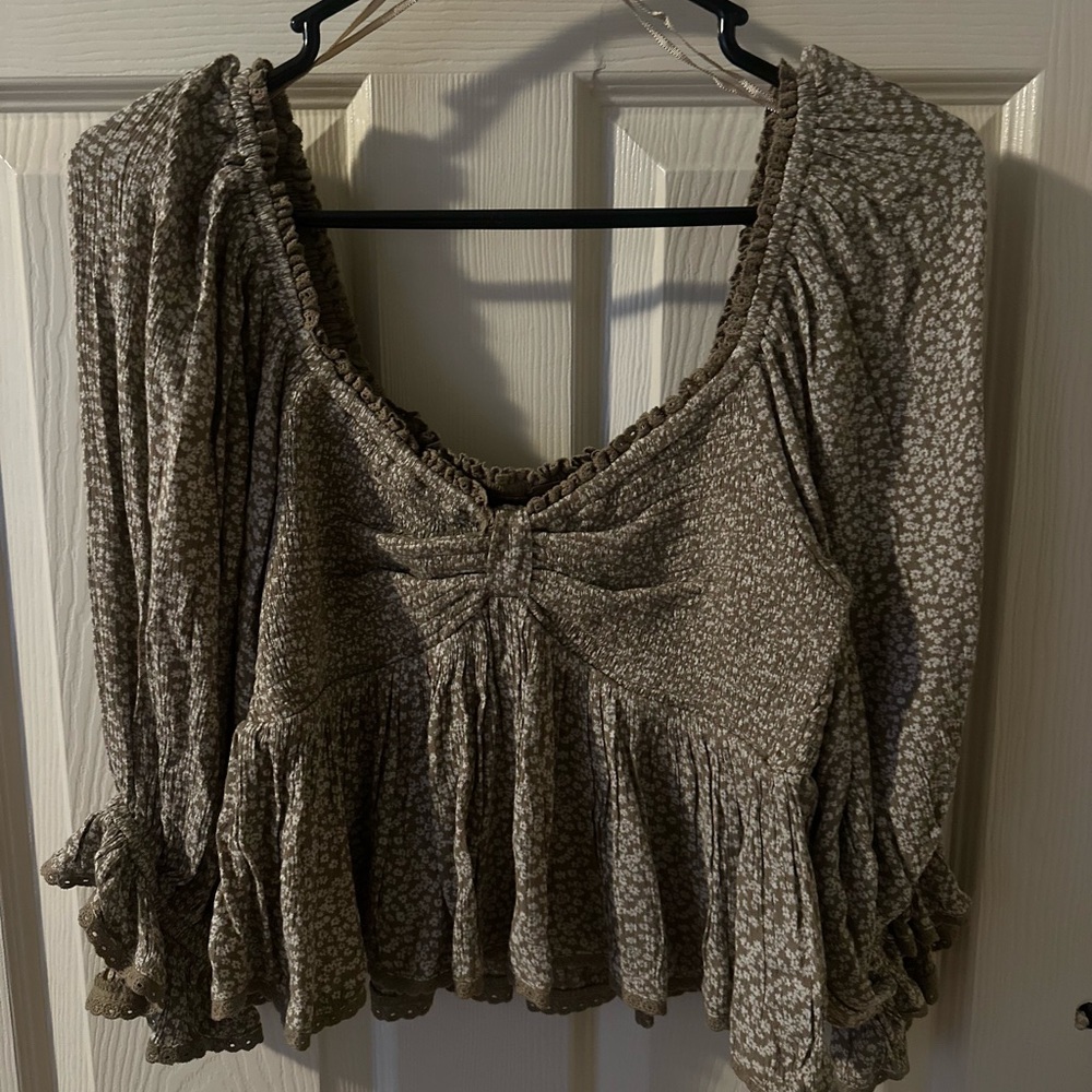 Free People Brown and Cream Patterned Blouse